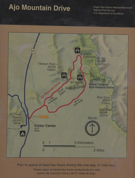 On voit bien sur cette carte, le trajet que nous avons fait au cours de notre 2e journée d'expédition au parc «Organ Pipe Cactus».